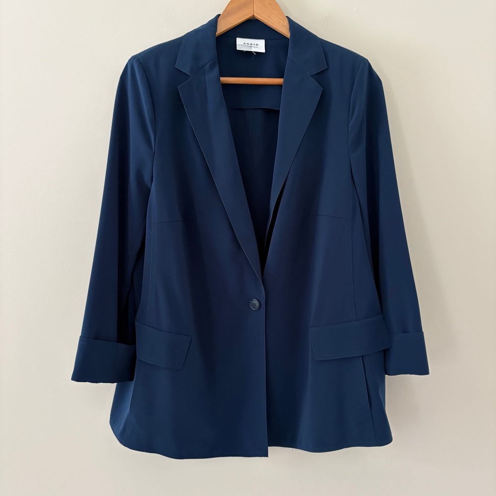 Akris Punto Blazer US 14 Navy Blue One Button Professional Career Notched Lapel